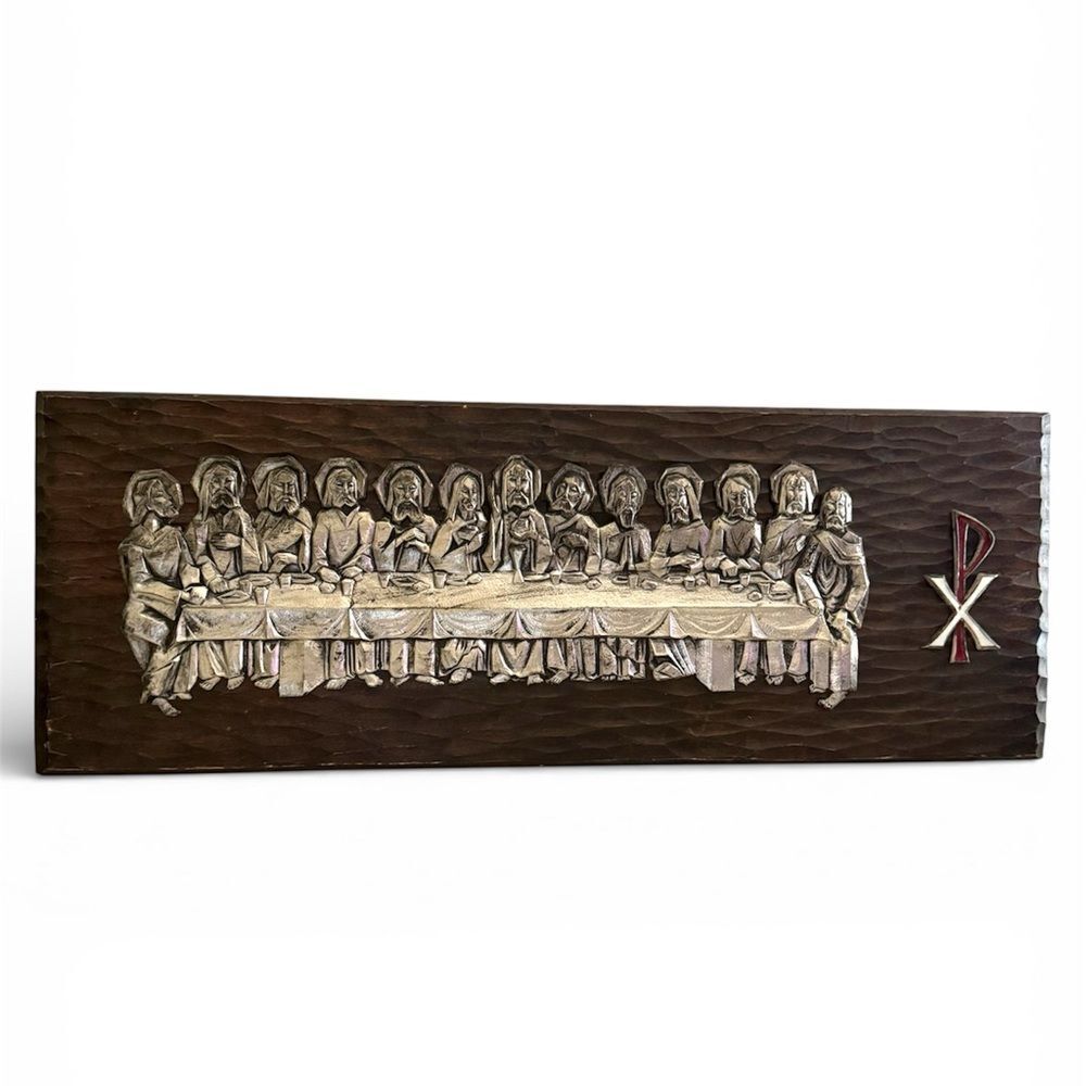 Vintage Last Supper Wood Carved Wall Art Panel Christian Chi Rho Decor